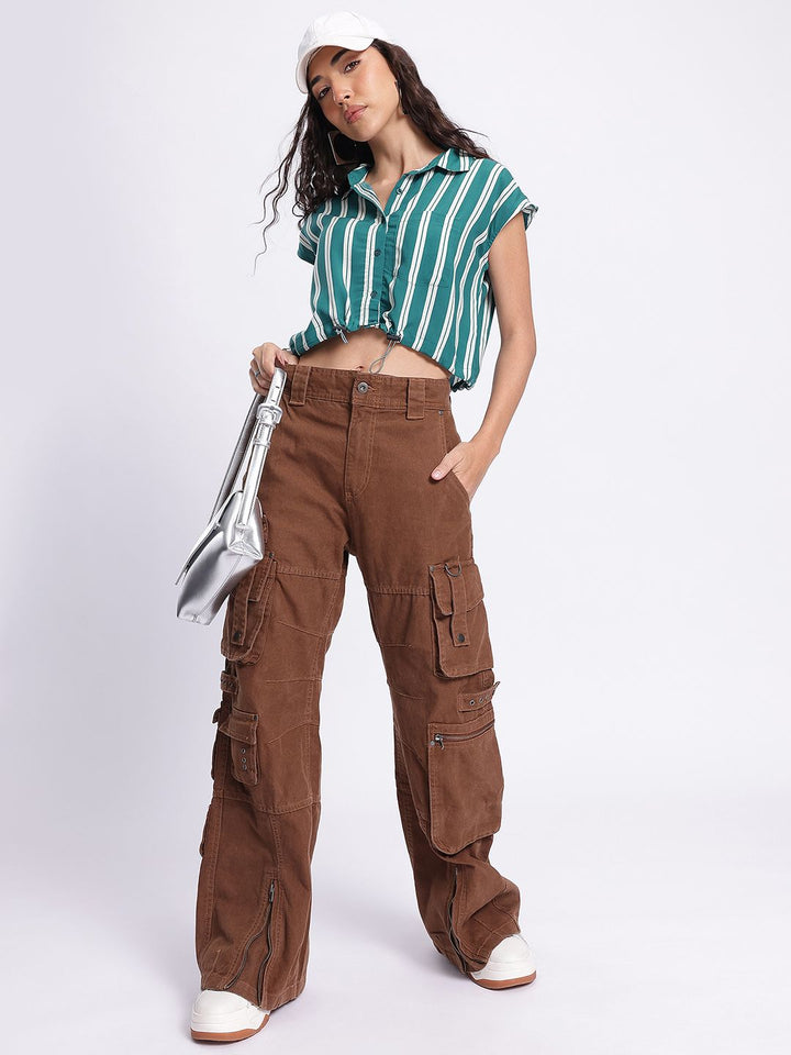 DressBerry Striped Cinched Waist Crop Shirt-Style Top