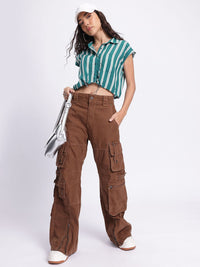 DressBerry Striped Cinched Waist Crop Shirt-Style Top
