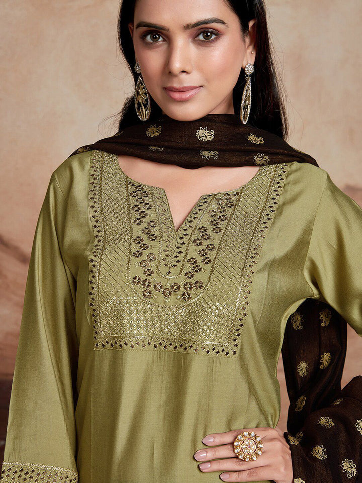 KALINI Ethnic Motifs Yoke Design Chanderi Silk Straight Kurta With Palazzos & Dupatta