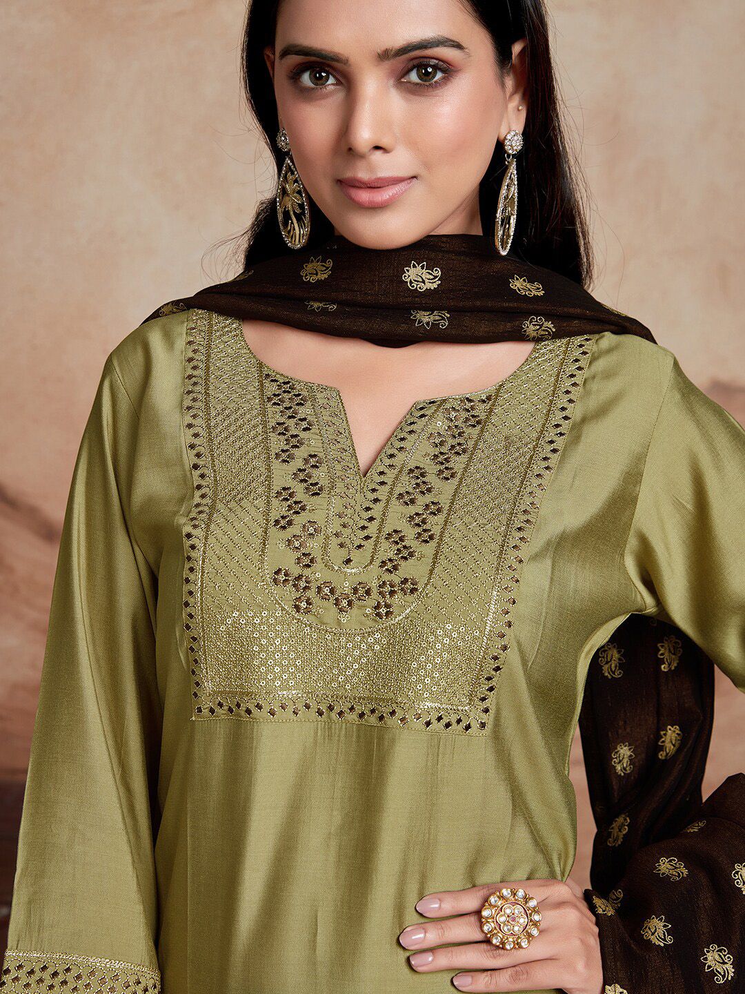 KALINI Ethnic Motifs Yoke Design Chanderi Silk Straight Kurta With Palazzos & Dupatta