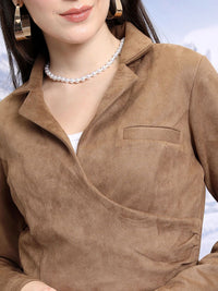 Tokyo Talkies Notched Lapel Collar Suede Crop Top With Trousers