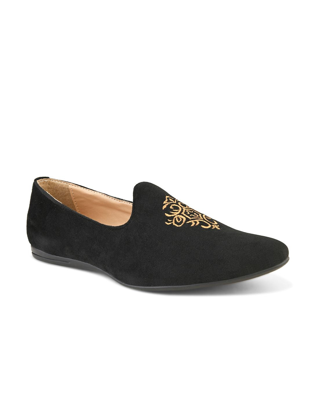 House of Pataudi Men Black & Beige Woven Design Handcrafted Slip-Ons