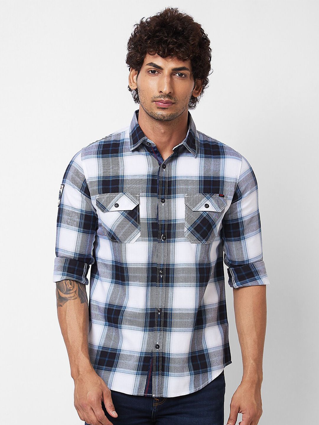 SPYKAR Long Sleeves Regular Fit Cotton Tartan Checks Opaque Checked Casual Shirt