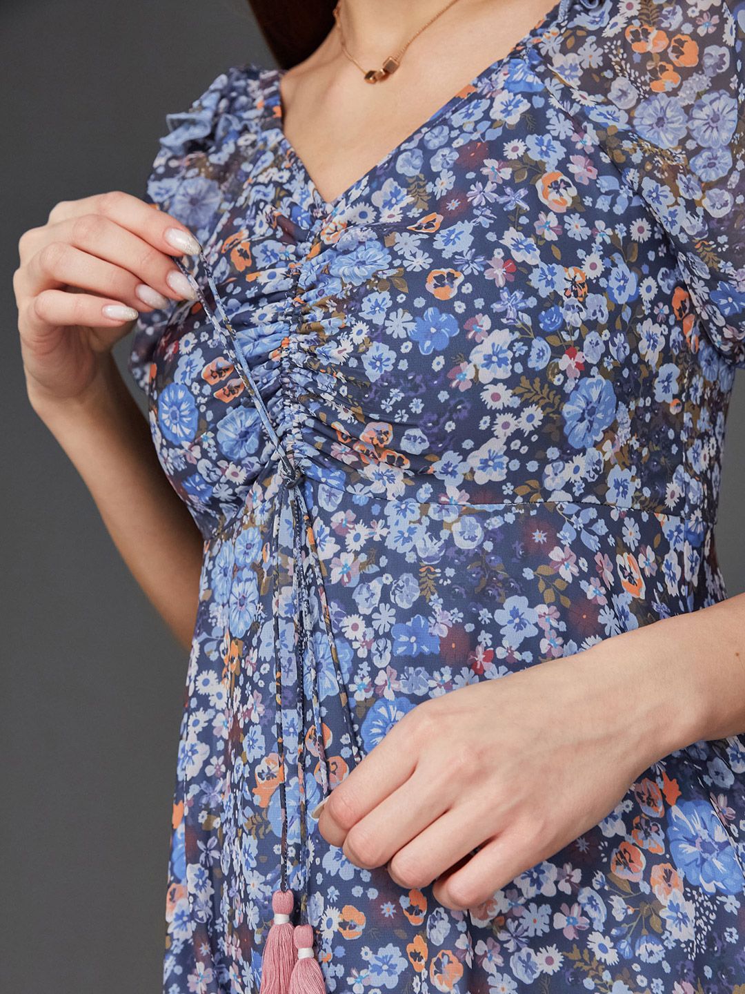 Miss Chase Floral Print Sweetheart Neck Puff Sleeve Georgette Fit & Flare Dress