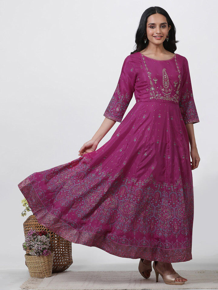 W Ethnic Motifs Printed Round Neck Maxi Ethnic Dress With Dupatta