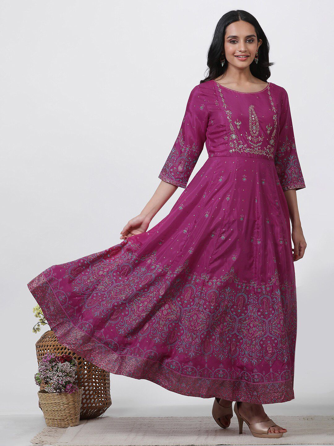 W Ethnic Motifs Printed Round Neck Maxi Ethnic Dress With Dupatta