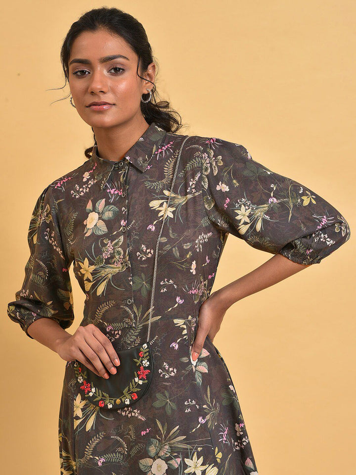 W Shirt Collar Floral Maxi Dress