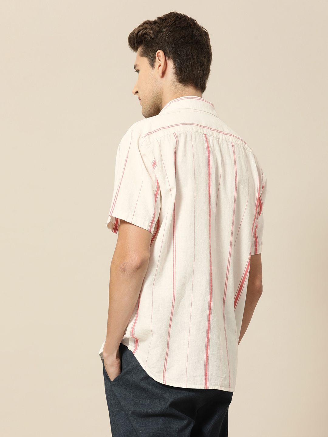 Mr Bowerbird Men Beige & Pink Striped Casual Shirt