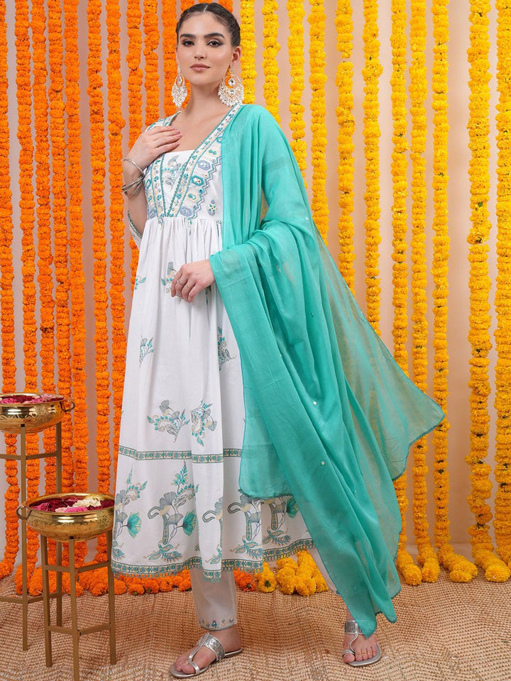 Vishudh White Floral Printed Empire Thread Work Pure Cotton Kurta with Trousers & Dupatta