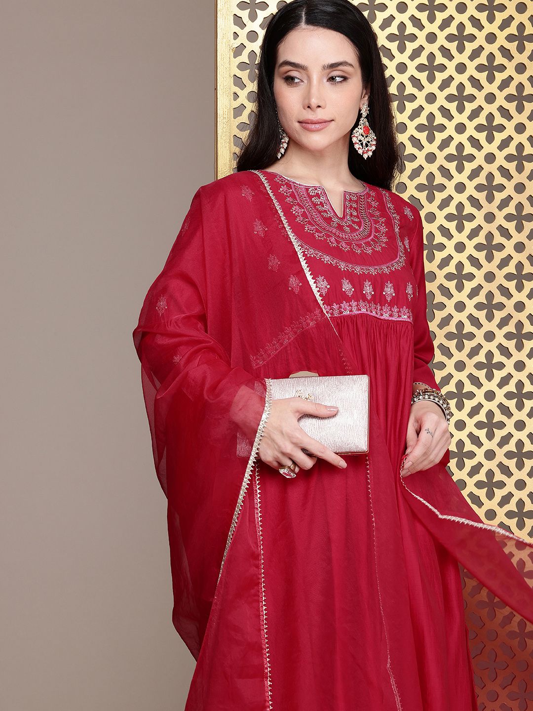 House of Pataudi Jashn Yoke Design Zari Work A-Line Kurta With Trousers & Dupatta