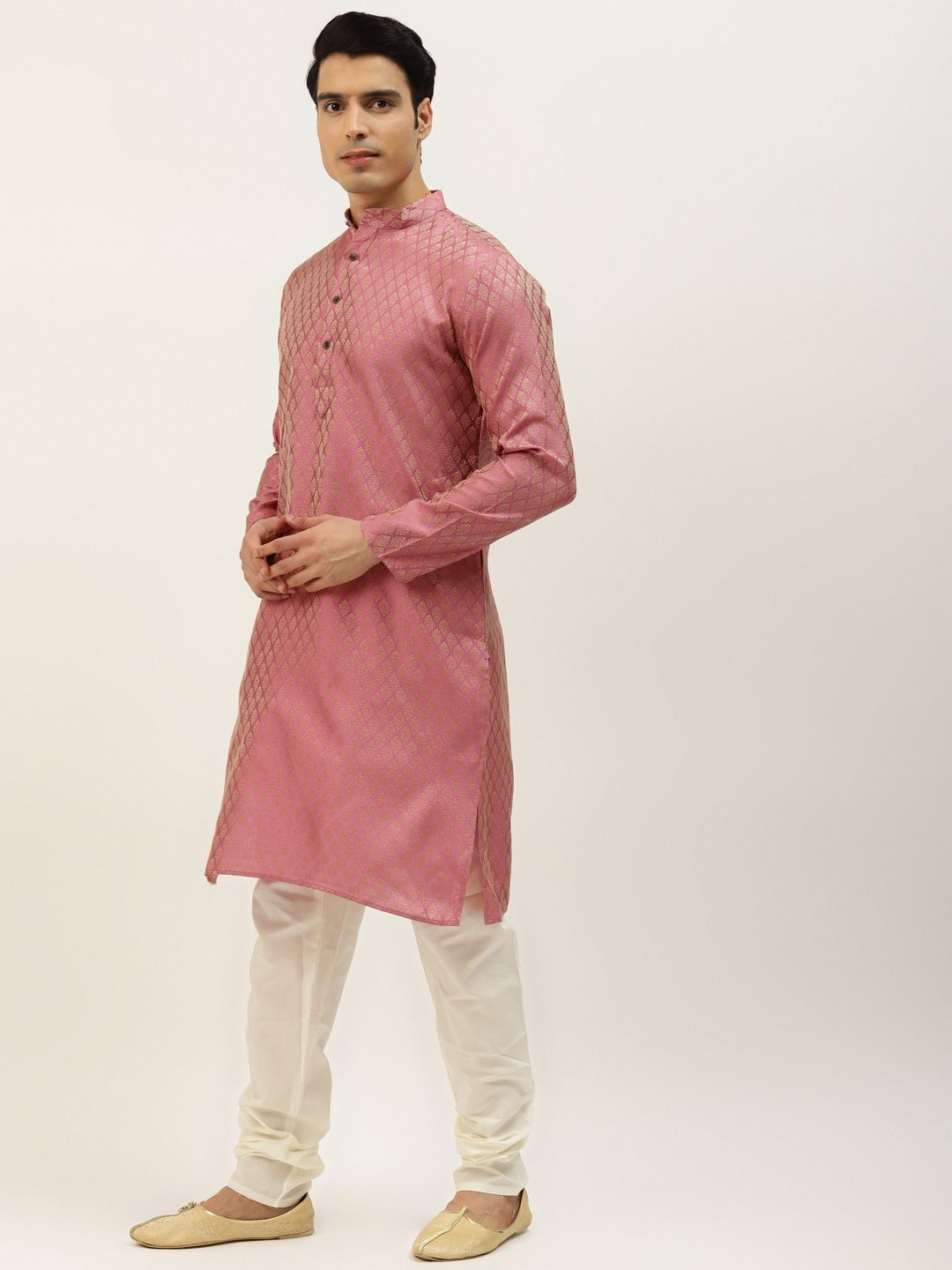 SOJANYA Kurta Motif Etnik Merah Jambu & Emas Lelaki dengan Jaket Churidar & Nehru