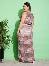 SASSAFRAS Curve Plus Size Brown Ethnic Motifs Print V-Neck Maxi Dress