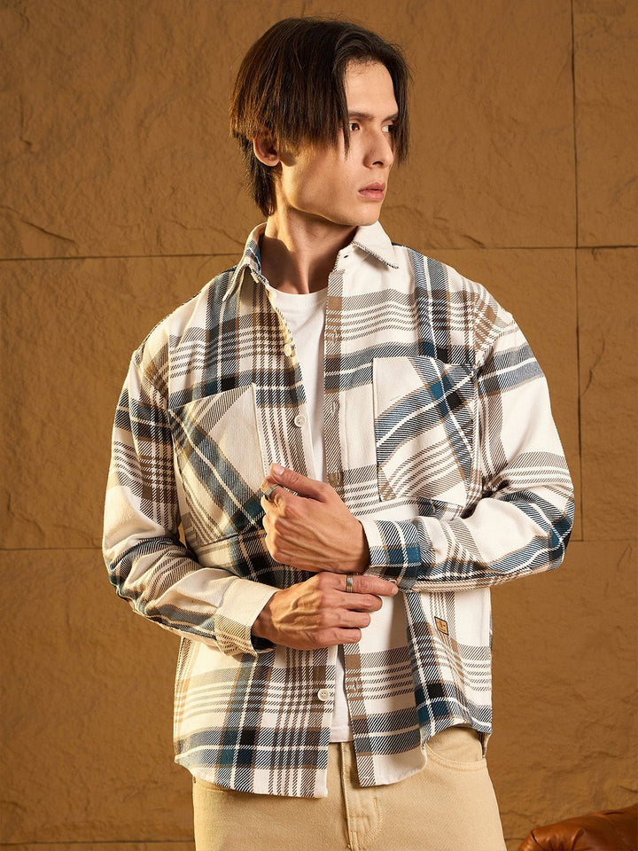 DENNISON Men Double Pocket Drop Shoulder Oversized Cotton Checked Shacket