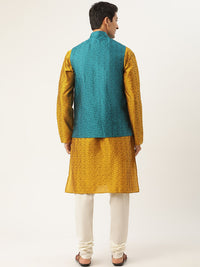 SOJANYA Lelaki Mustard Yellow Self Design Kurta Sutera Jacquard dengan Jaket Churidar & Nehru