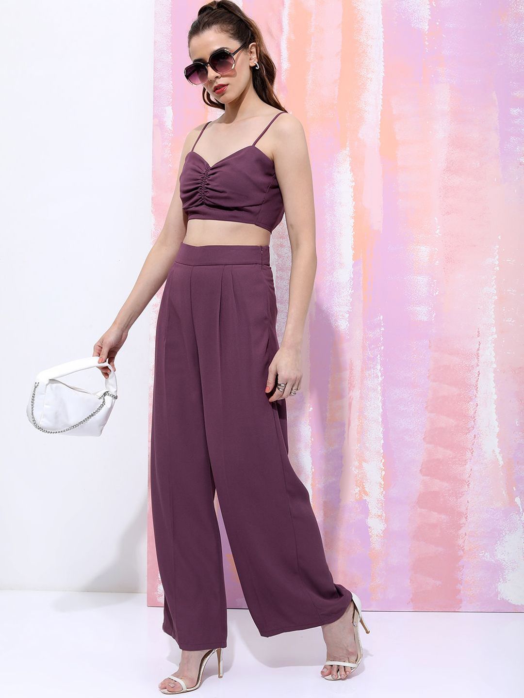 Tokyo Talkies Purple Shoulder Straps Neck Sleeveless Crop Top With Trousers