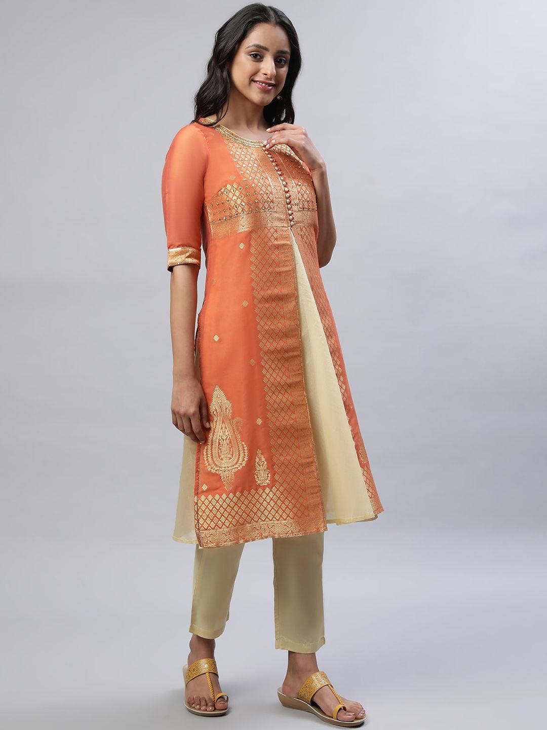 AURELIA Ethnic Motifs Woven Design Sequined A-Line Kurta with Trousers & Dupatta