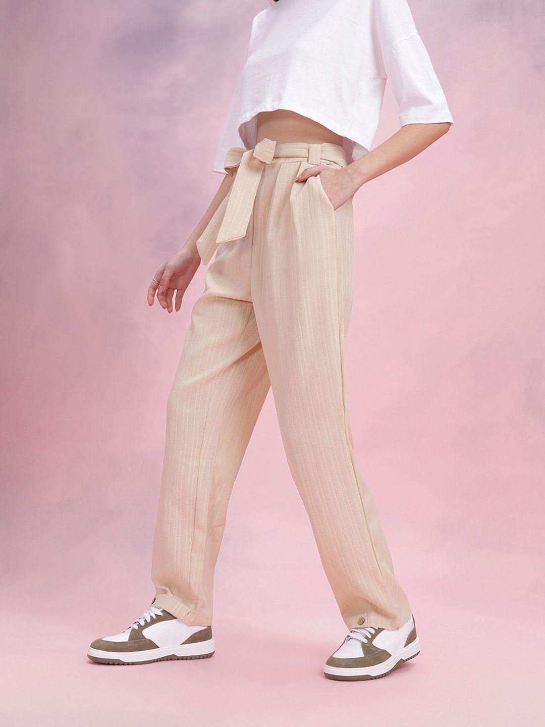 DressBerry Women Self Striped Belted Trousers