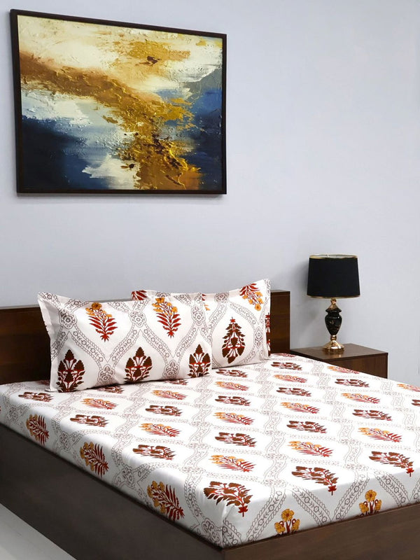 BOMBAY DYEING White & Red Floral 160 TC Queen Bedsheet with 2 Pillow Covers