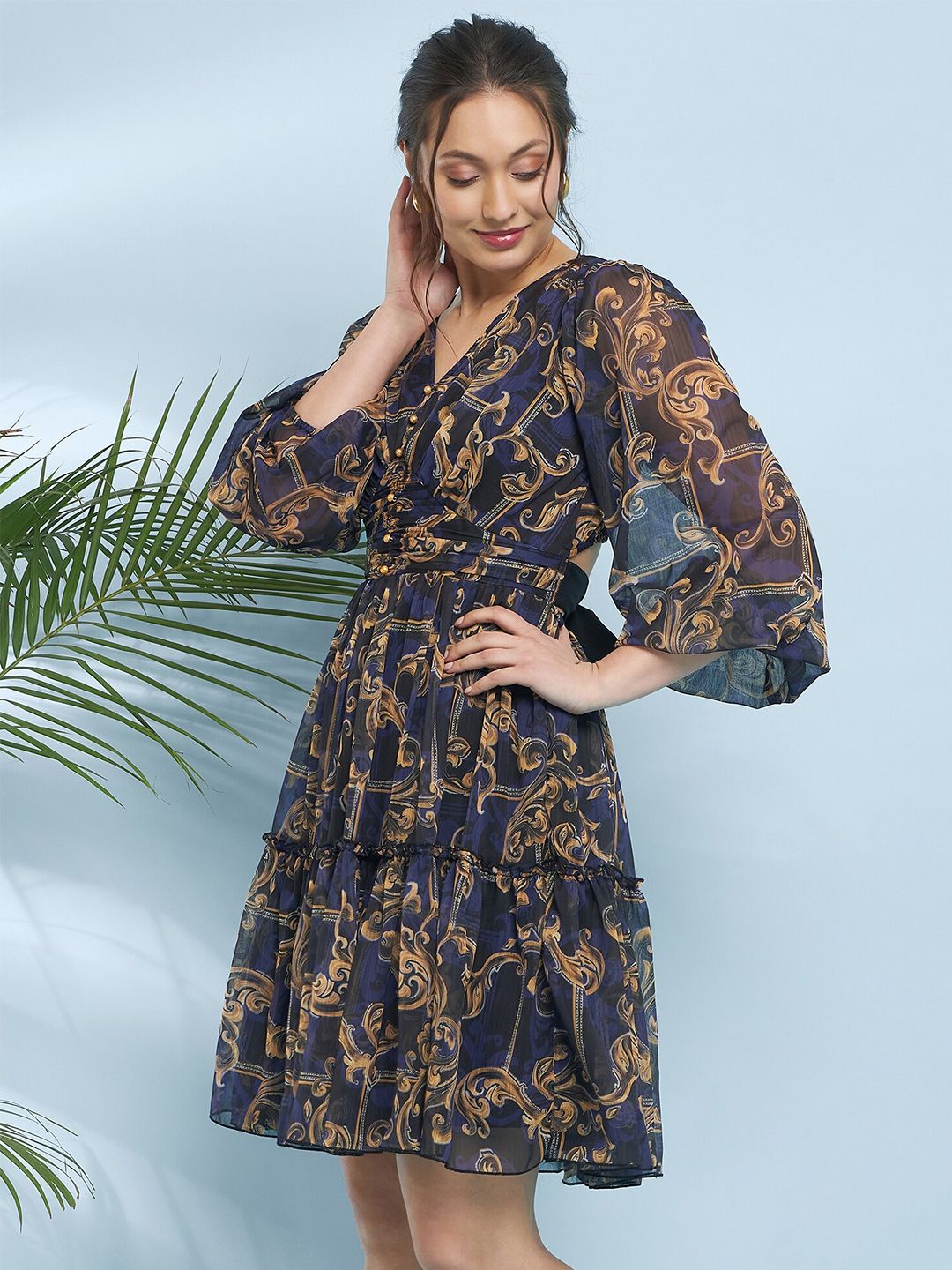 Antheaa Blue Ethnic Motifs Printed Flared Flared Sleeve V-Neck Fit & Flare Dress