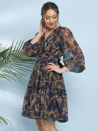 Antheaa Blue Ethnic Motifs Printed Flared Flared Sleeve V-Neck Fit & Flare Dress
