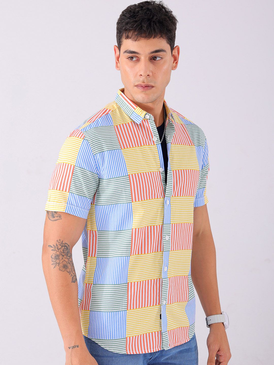The Indian Garage Co Pure Cotton Slim Fit Multi Striped Casual Shirt