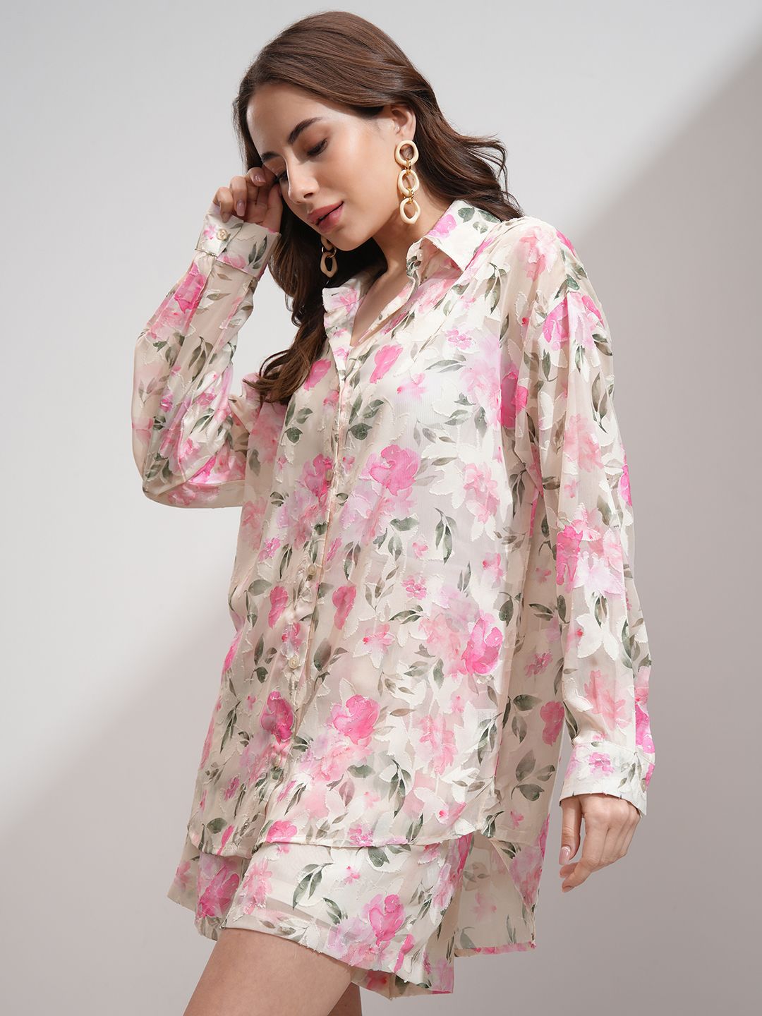 ESPYR By Tokyo Talkies Women Textured Jacquard Shirt Shorts Co-Ord Set