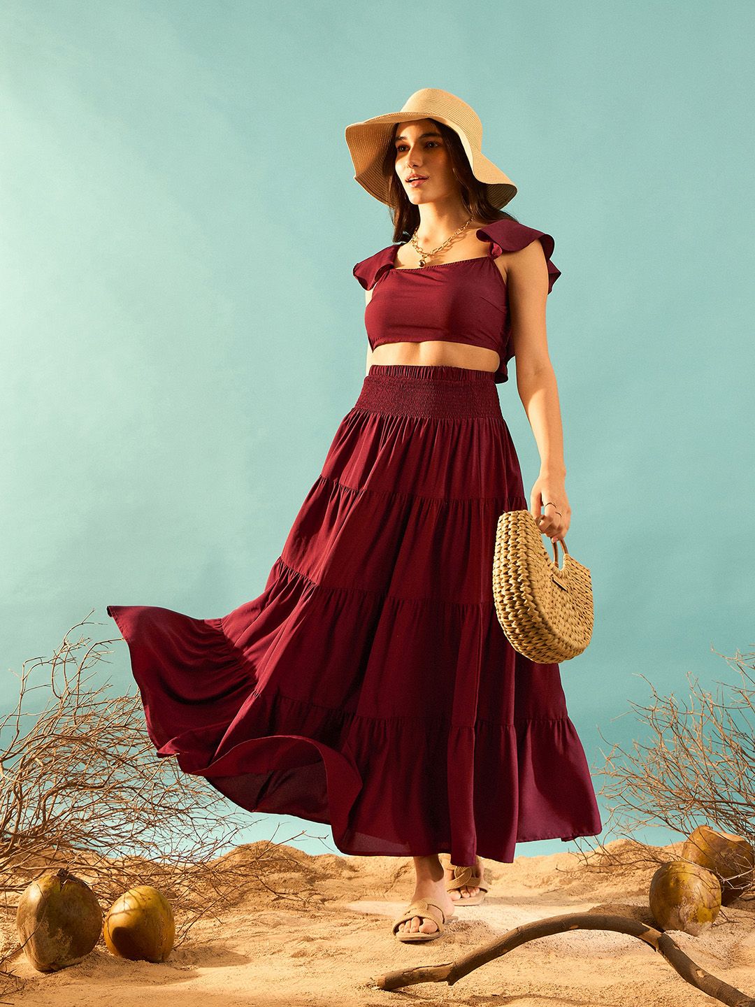 Berrylush Maroon Square Neck Top With Skirt