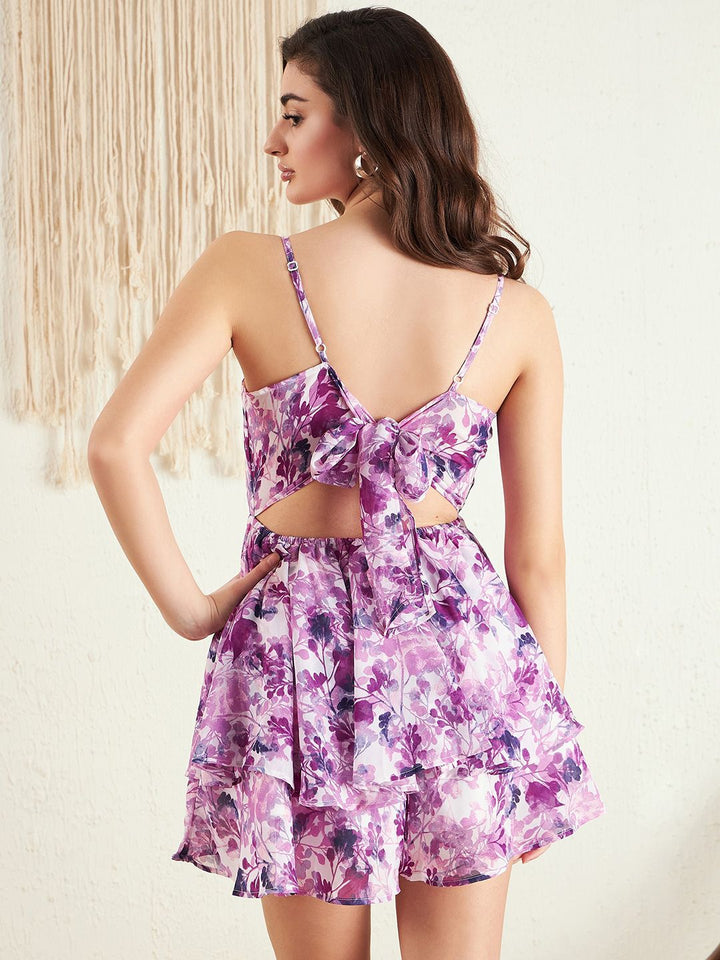 Berrylush White & Purple Floral Printed Layered Playsuit