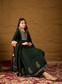 KALINI Ethnic Motifs Embroidered Round Neck Sequinned Empire Kurta With Trouser & Dupatta