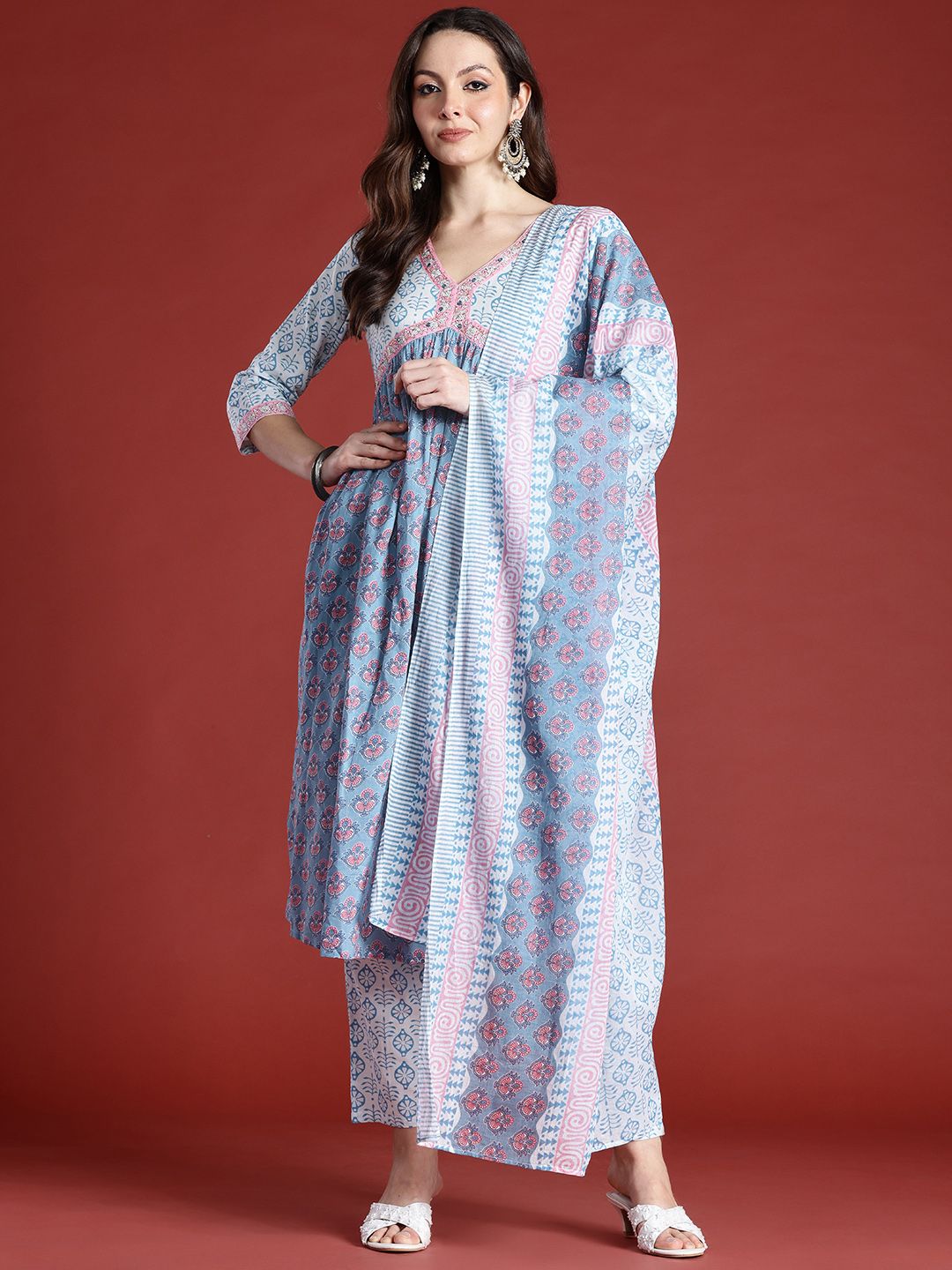 Indo Era Floral Printed Empire Beads and Stones Pure Cotton Kurta with Trousers & Dupatta