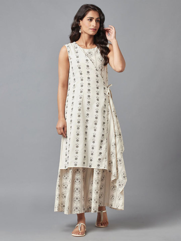 W Off-White & Grey Ethnic Motifs Printed Layered Basic Jumpsuit