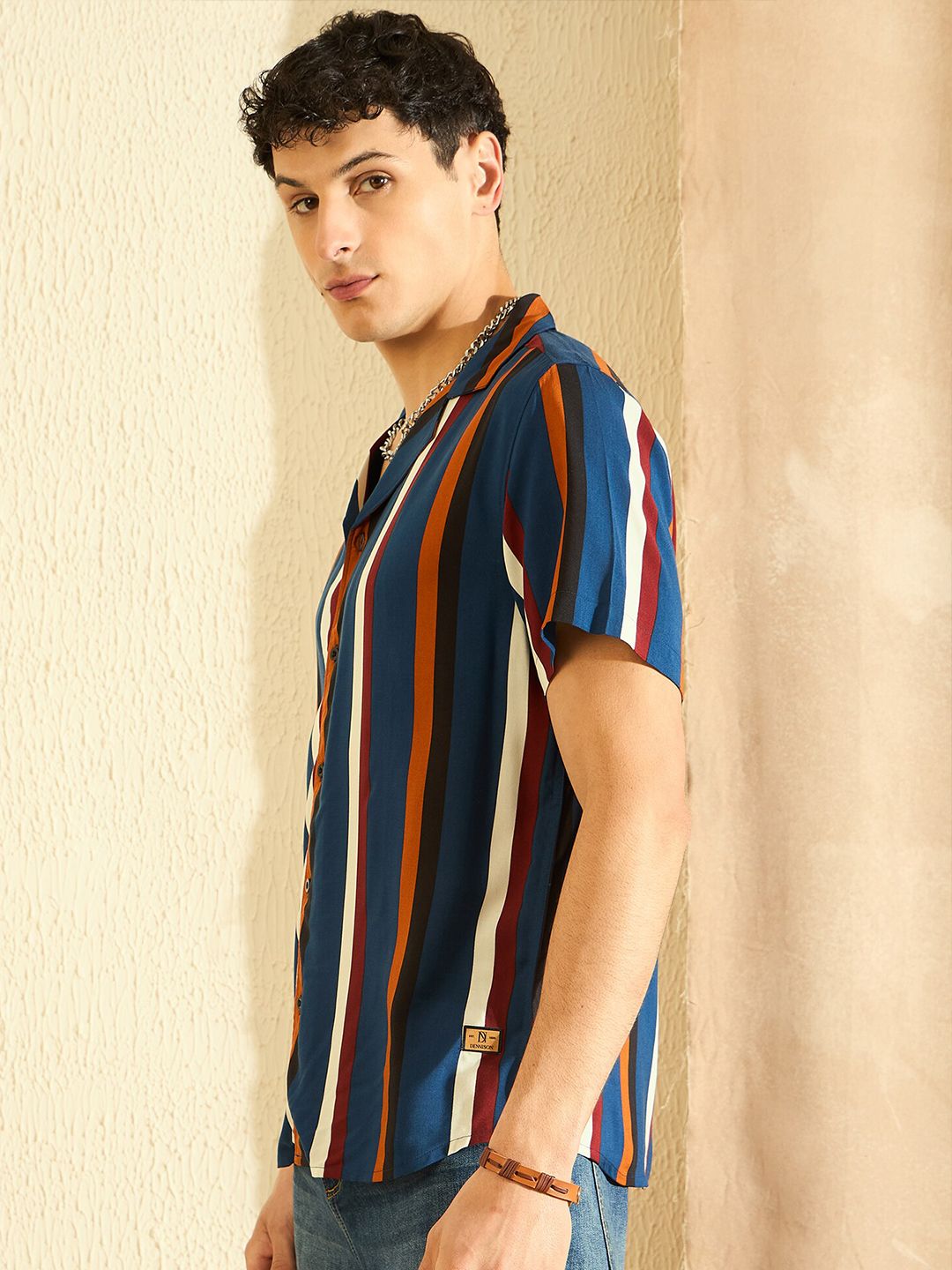 DENNISON Smart Oversized Striped Cuban Collar Casual Shirt