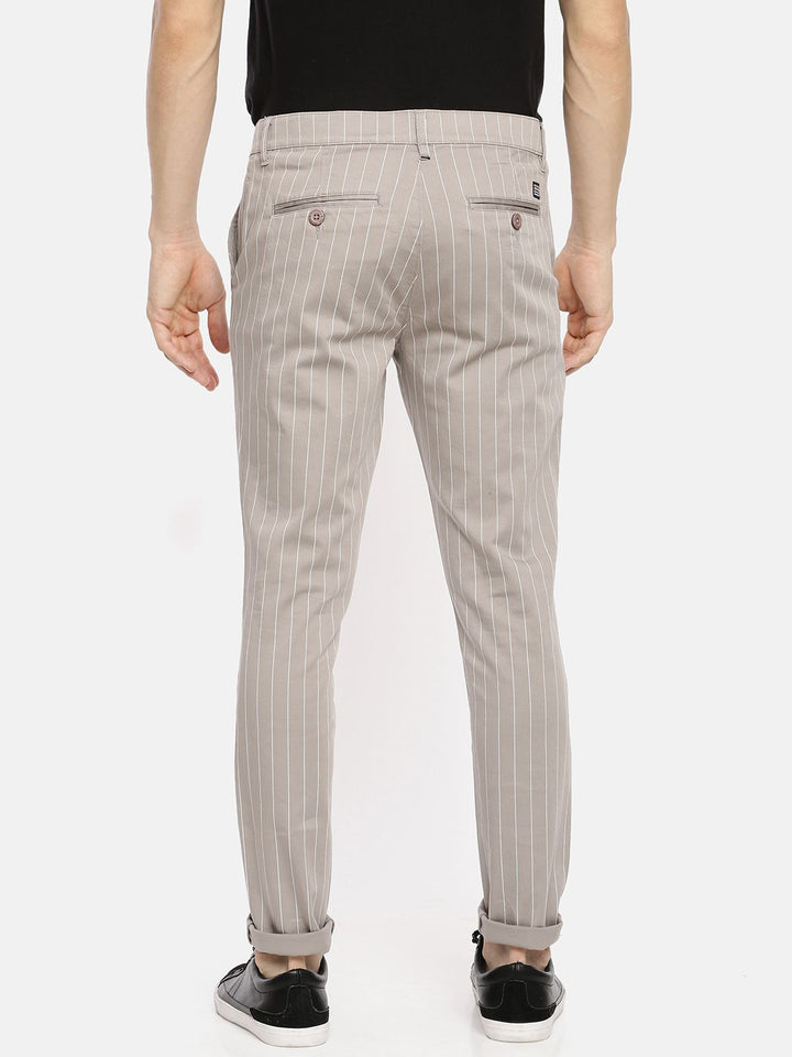 The Indian Garage Co Men Taupe Slim Fit Striped Regular Trousers