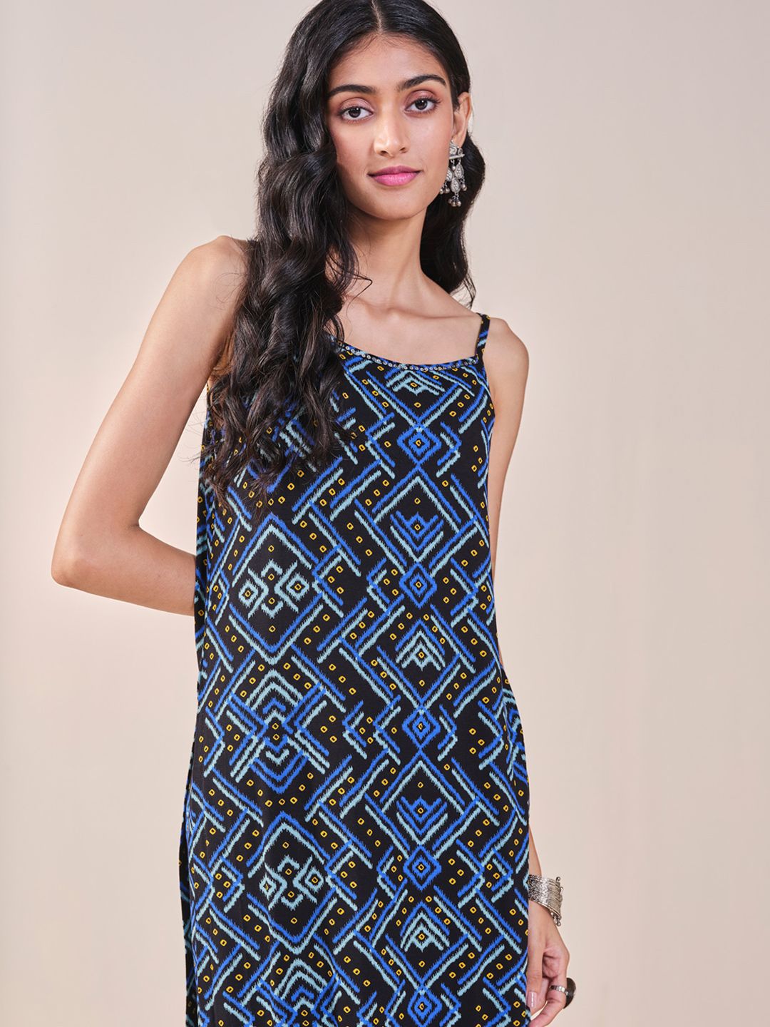 Global Desi Printed Shoulder Straps Kurta with Trousers