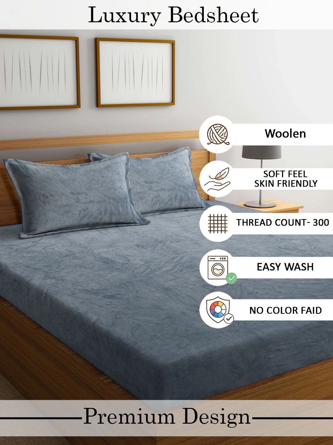 Moda Rapido X KLOTTHE Solid 300 TC Woolen King Bedsheet with 2 Pillow Covers-250X225 cm