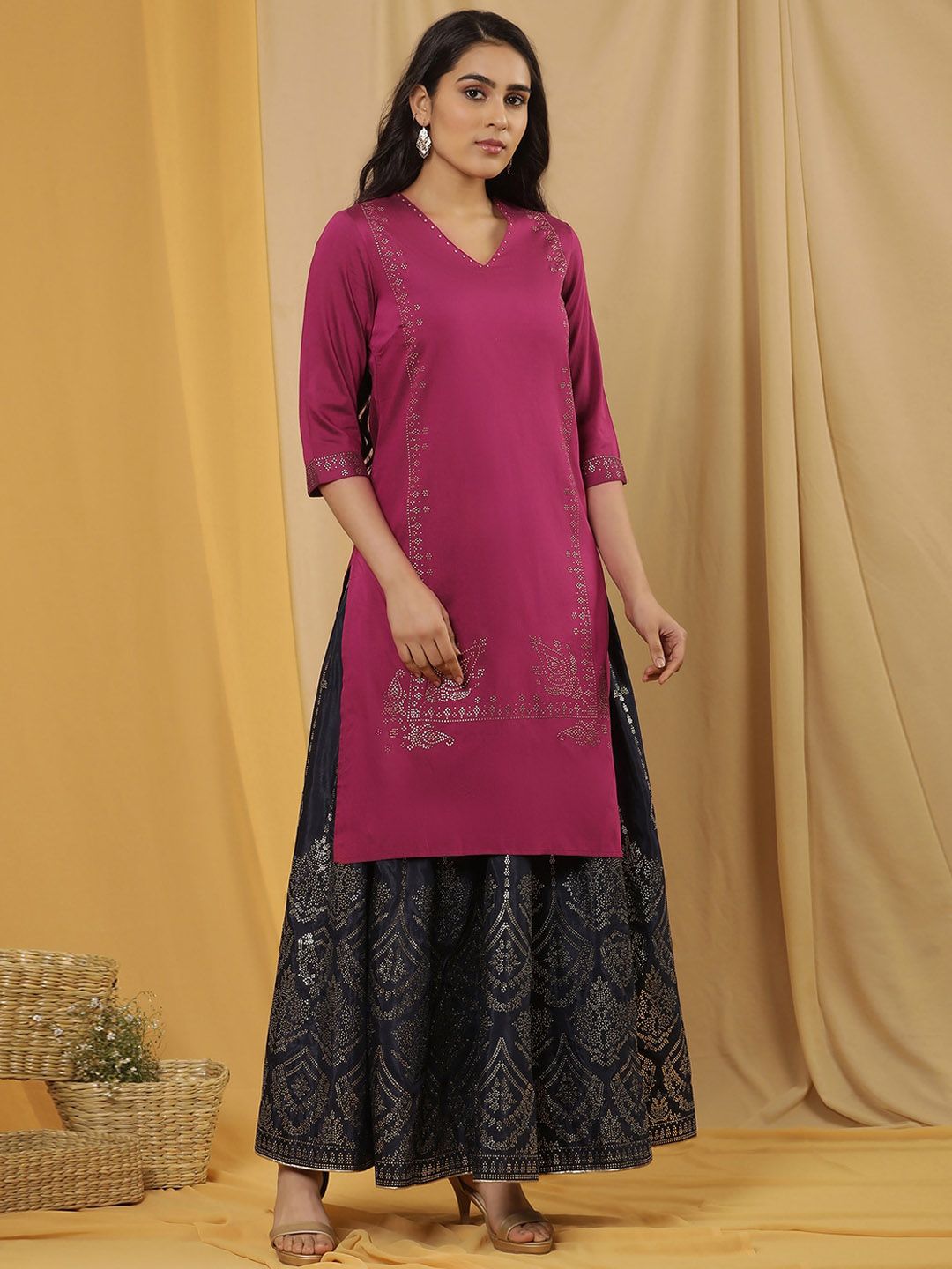 W Geometric Printed Regular Beads and Stones Kurta with Skirt