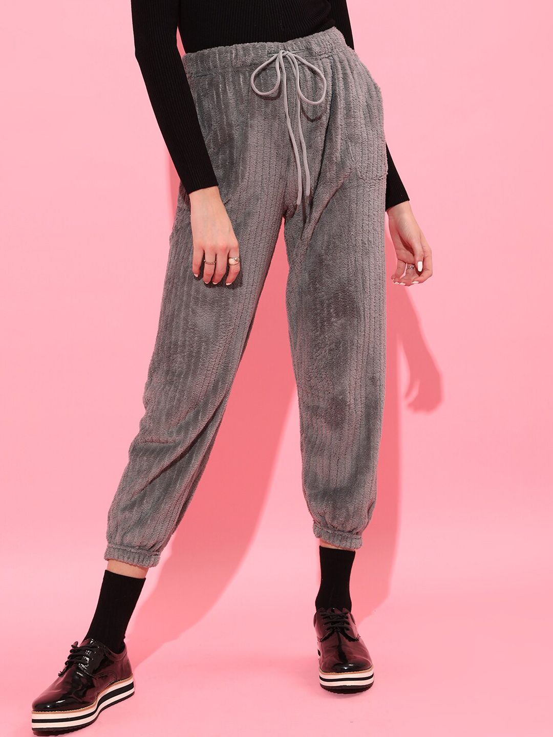 STREET 9 Women Grey Textured Loose Fit Joggers Trousers