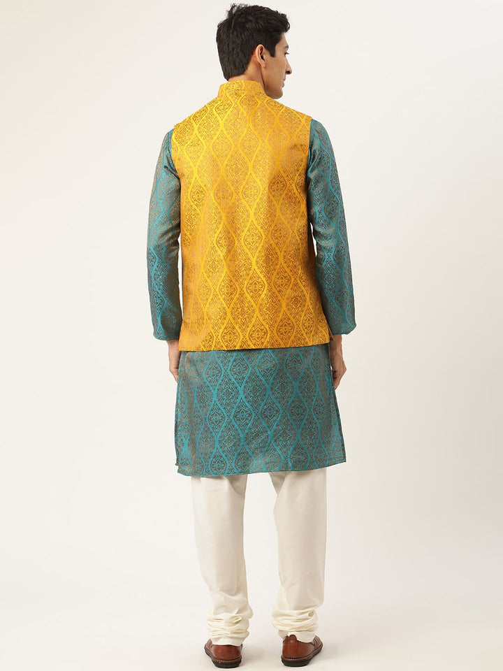 SOJANYA Men Teal Blue & Mustard Yellow Ethnic Motifs Kurta with Churidar & Nehru Jacket