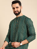 Anouk Men Green & Gold-Toned Striped Thread Work Straight Short Kurta