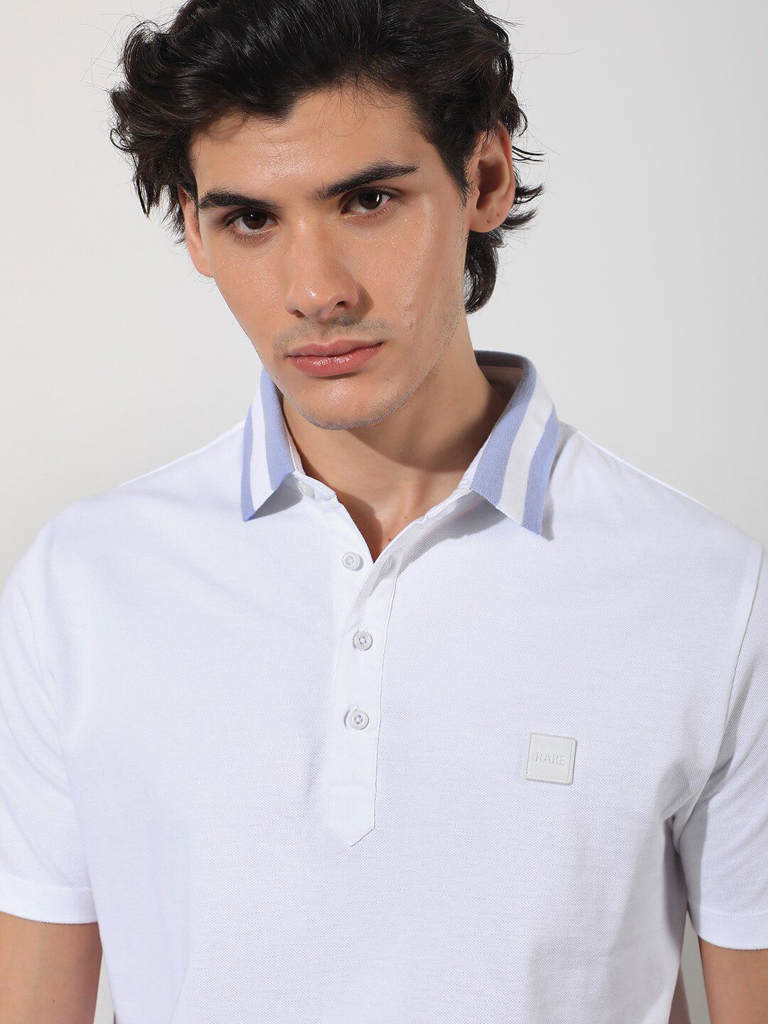 RARE RABBIT Men Divide Polo Collar Slim Fit Cotton T-Shirt