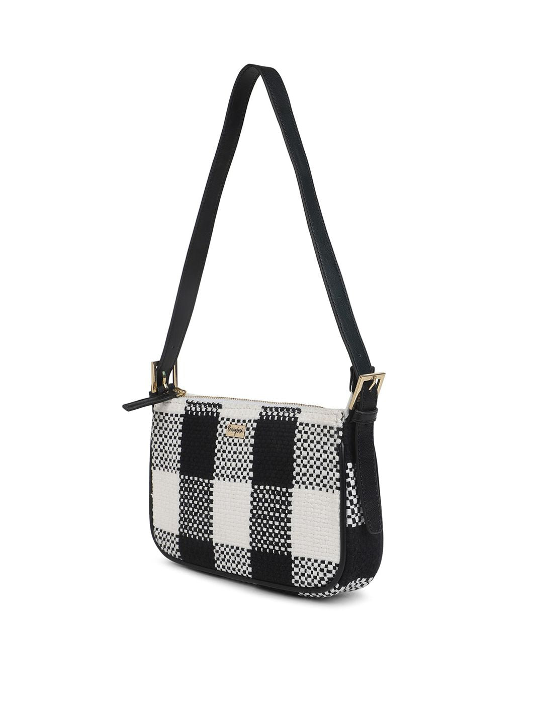 Berrylush Black & White Checked Structured Cotton Handheld Bag
