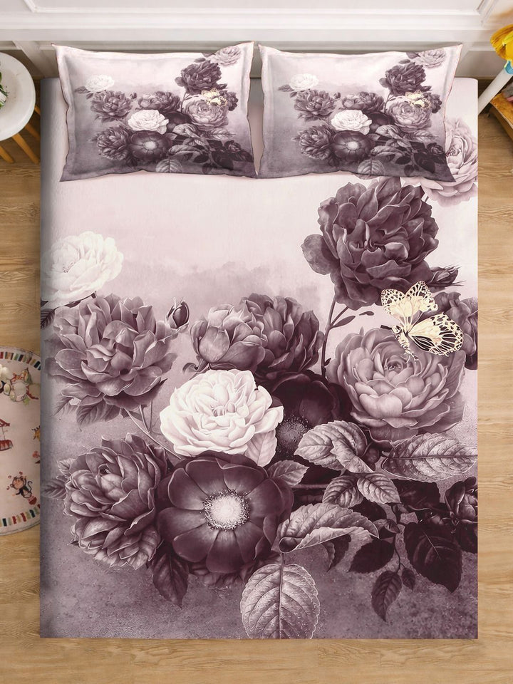 KLOTTHE Purple Floral Printed Flat 300 TC King Fine Bedsheet With 2 Pillow Cover