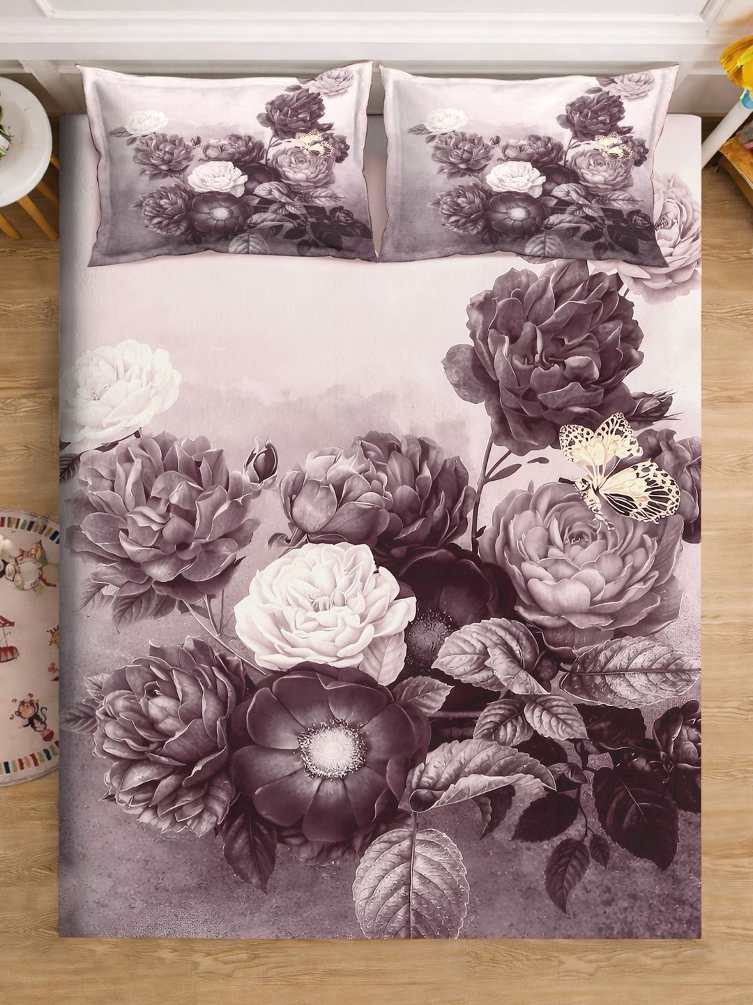 KLOTTHE Purple Floral Printed Flat 300 TC King Fine Bedsheet With 2 Pillow Cover