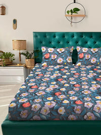 Moda Rapido X KLOTTHE Blue & Pink Floral 400 TC King Bedsheet with 2 Pillow Covers
