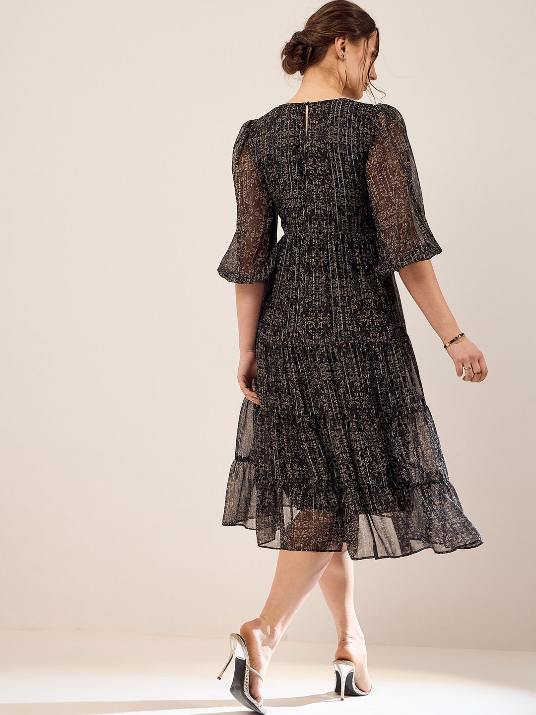 Antheaa Black Floral Printed Embroidered Puff Sleeves Chiffon Fit & Flare Midi Dress