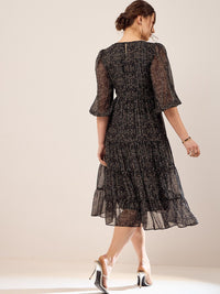 Antheaa Black Floral Printed Embroidered Puff Sleeves Chiffon Fit & Flare Midi Dress