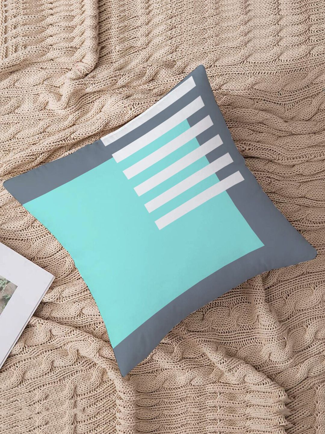 STITCHNEST Teal Geometric Printed Square Cushion Cover