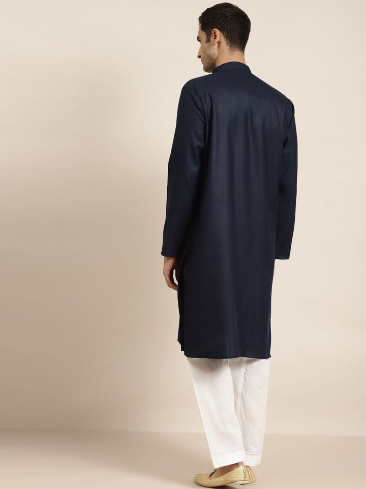 SOJANYA Men Navy Blue Thread Work Indigo Pure Cotton Straight Kurta