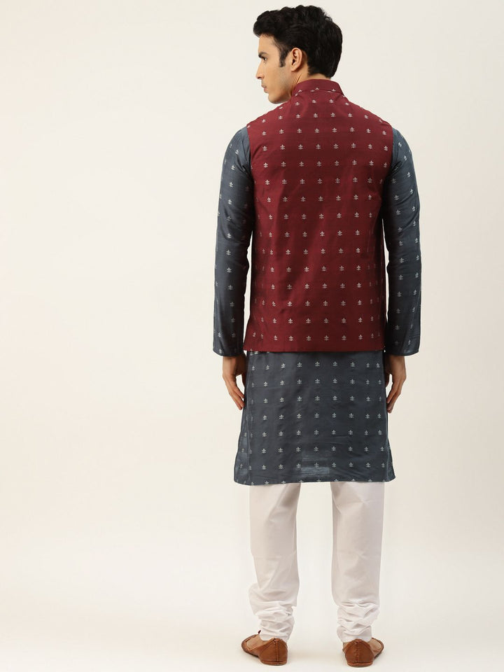 SOJANYA Kurta Motif Etnik Biru Laut Lelaki dengan Jaket Churidar & Nehru