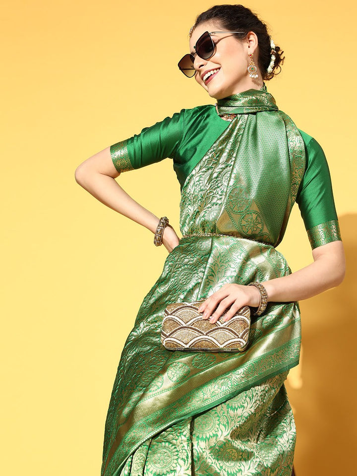 Saree mall Green & Golden Woven Design Banarasi Saree